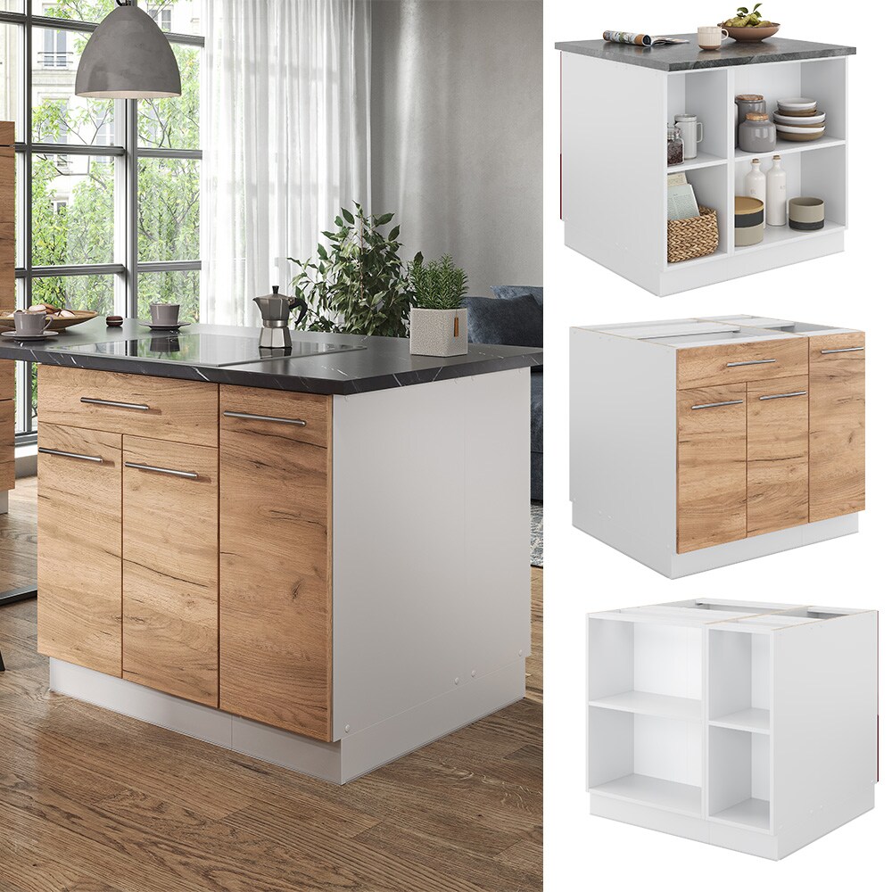 Vicco Kücheninsel Küchenblock Einbauküche Fame-Line Weiß Eiche Goldkraft 90 cm modern Küchen Schränke Apothekerunterschrank Schubunterschrank Regalinselunterschrank Softclose-Scharnier Küchenmöbel