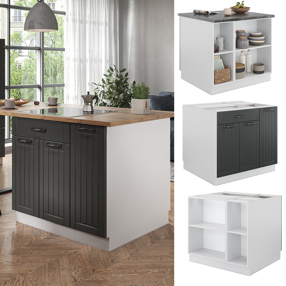 Vicco Kücheninsel Küchenblock Einbauküche Fame-Line Landhaus Weiß Dunkelgrau 90 cm Küchen Schränke Apothekerunterschrank Schubunterschrank Regalinselunterschrank Softclose-Scharnier Küchenmöbel | 04066731181834