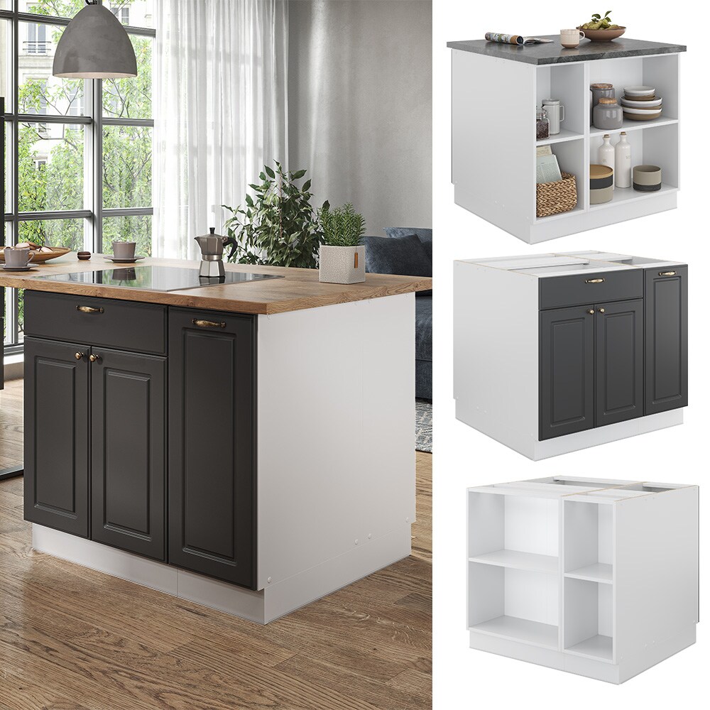 Vicco Kücheninsel Küchenblock Einbauküche Fame-Line Landhaus Weiß Anthrazit 90 cm Gold Küchen Schränke Apothekerunterschrank Schubunterschrank Regalinselunterschrank Softclose-Scharnier Küchenmöbel