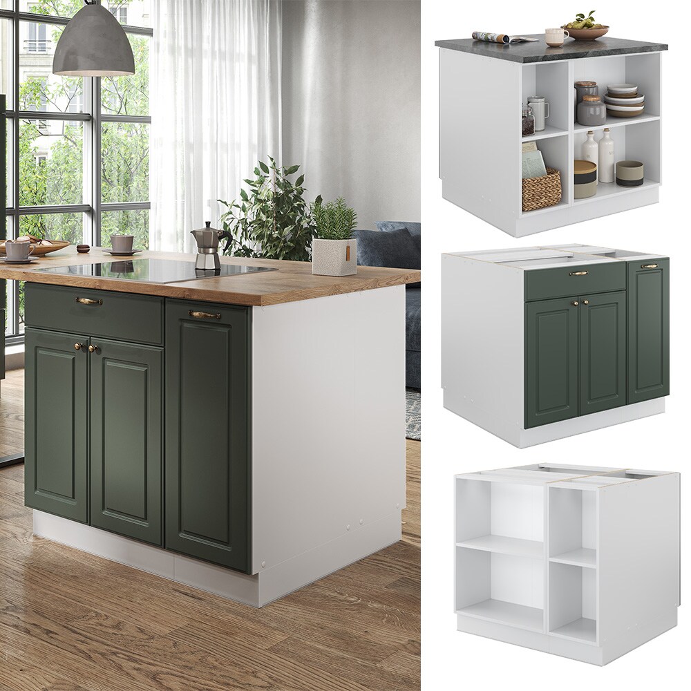 Vicco Kücheninsel Küchenblock Einbauküche Fame-Line Landhaus Weiß Grün 90 cm Gold Küchen Schränke Apothekerunterschrank Schubunterschrank Regalinselunterschrank Softclose-Scharnier Küchenmöbel