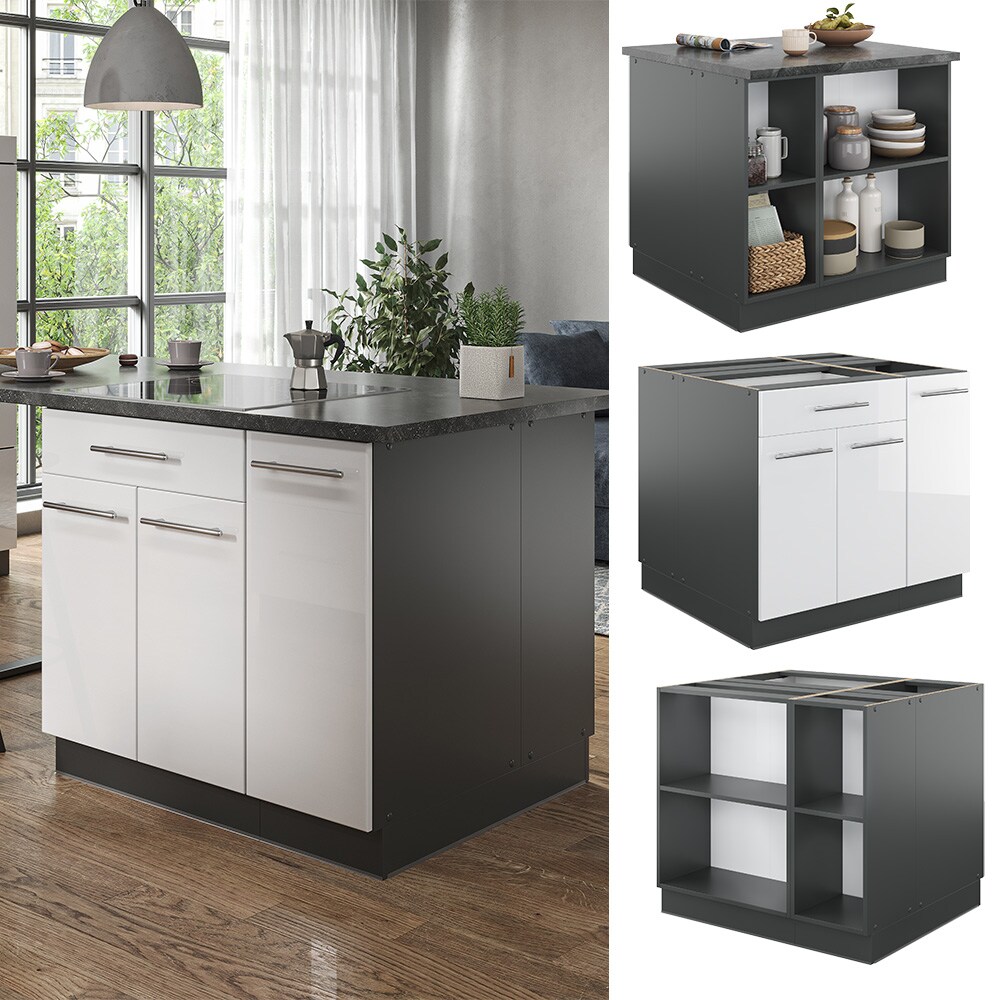 Vicco Kücheninsel Küchenblock Einbauküche Fame-Line Anthrazit Weiß 90 cm modern Hochglanz Küchen Schränke Apothekerunterschrank Schubunterschrank Regalinselunterschrank Softclose-Scharnier Küchenmöbel
