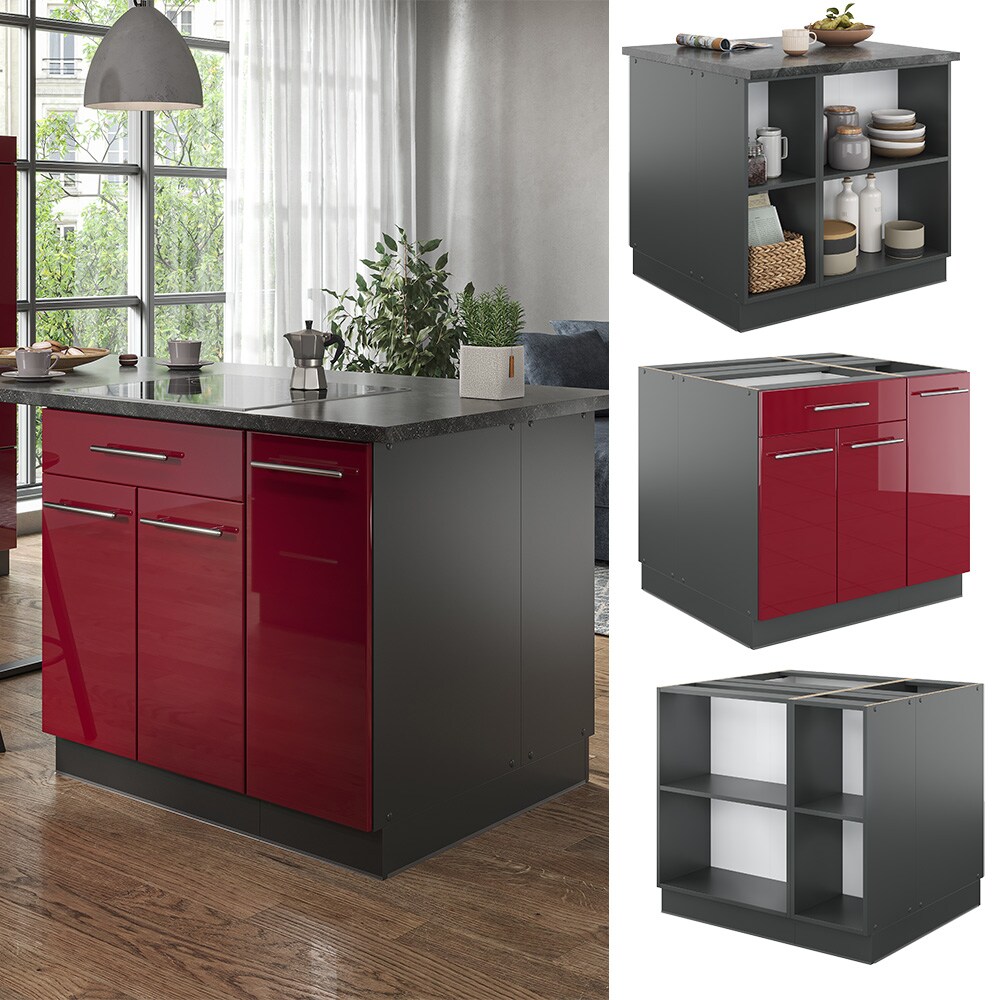 Vicco Kücheninsel Küchenblock Einbauküche Fame-Line Anthrazit Bordeaux Rot 90 cm modern Hochglanz Küchen Schränke Apothekerunterschrank Schubunterschrank Regalinselunterschrank Softclose-Scharnier Küchenmöbel