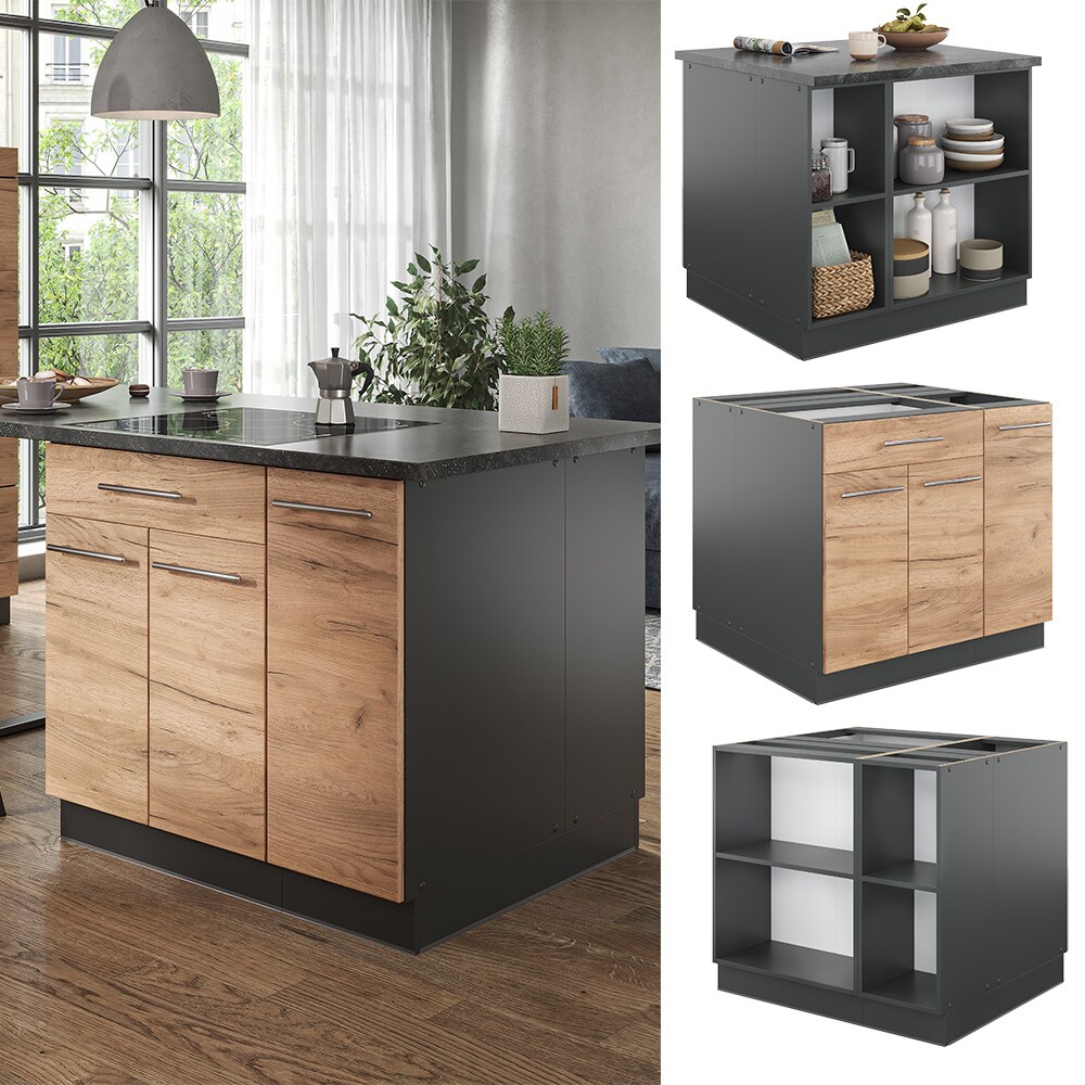 Vicco Kücheninsel Küchenblock Einbauküche Fame-Line Anthrazit Eiche Goldkraft 90 cm modern Hochglanz Küchen Schränke Apothekerunterschrank Schubunterschrank Regalinselunterschrank Softclose-Scharnier Küchenmöbel
