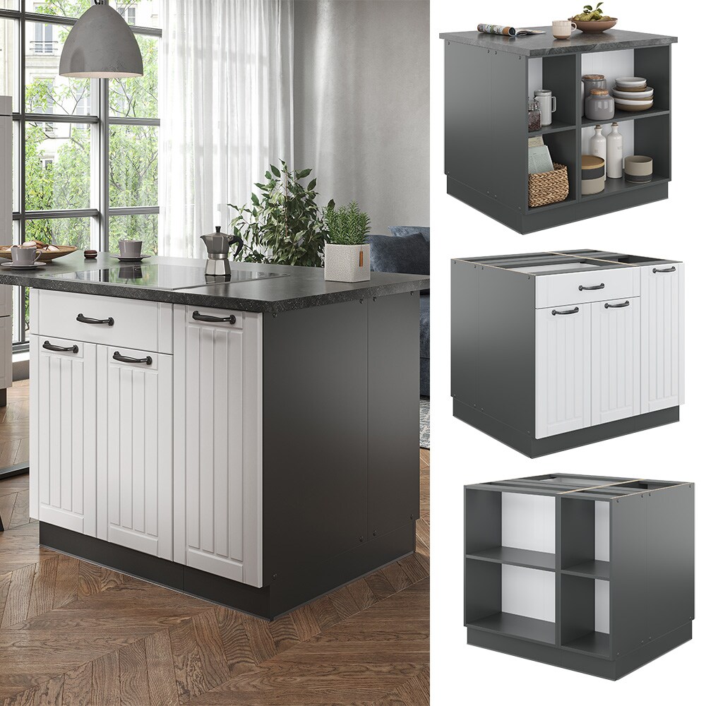 Vicco Kücheninsel Küchenblock Einbauküche Fame-Line Landhaus Anthrazit Weiß 90 cm Küchen Schränke Apothekerunterschrank Schubunterschrank Regalinselunterschrank Softclose-Scharnier Küchenmöbel
