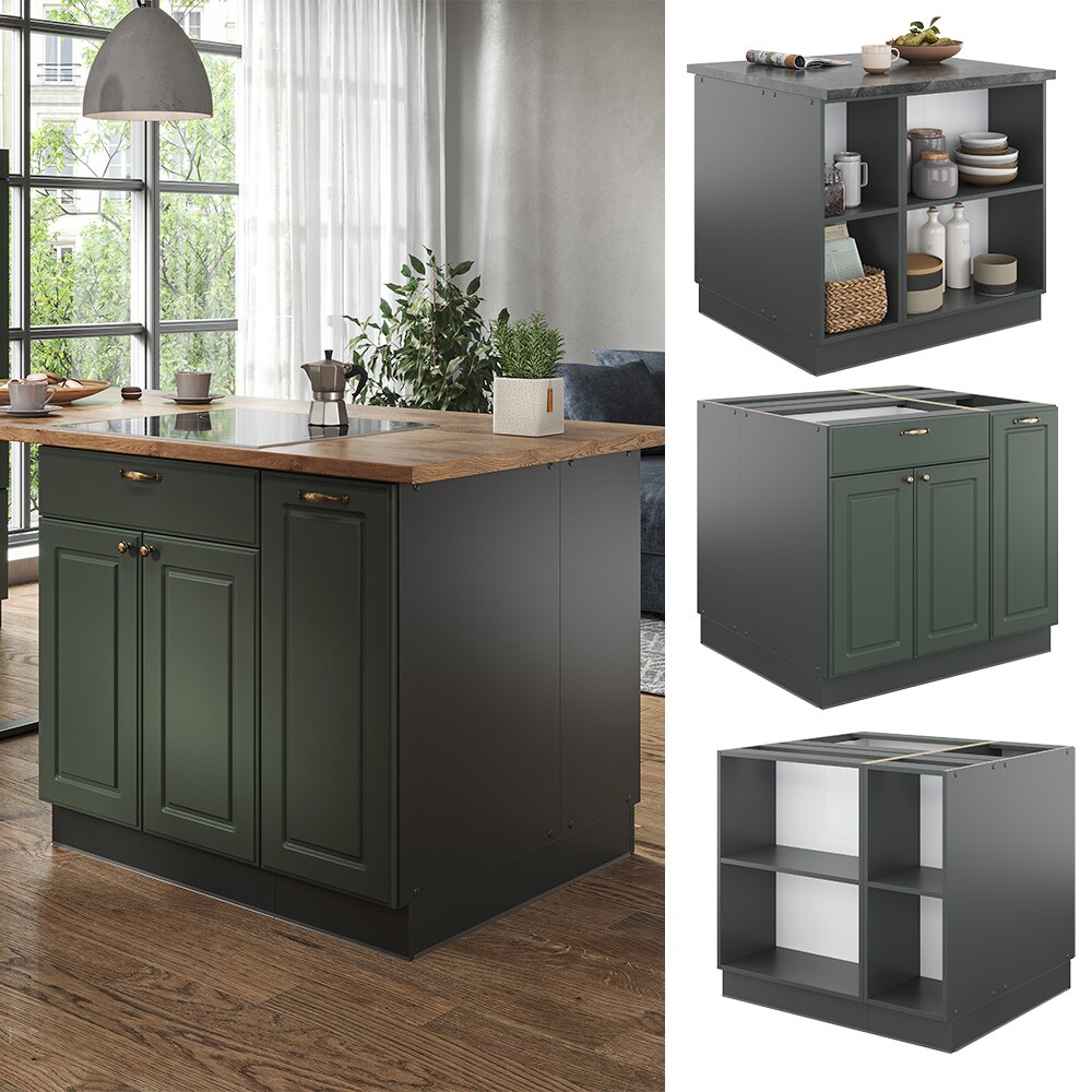 Vicco Kücheninsel Küchenblock Einbauküche Fame-Line Landhaus Anthrazit Grün 90 cm Gold Küchen Schränke Apothekerunterschrank Schubunterschrank Regalinselunterschrank Softclose-Scharnier Küchenmöbel