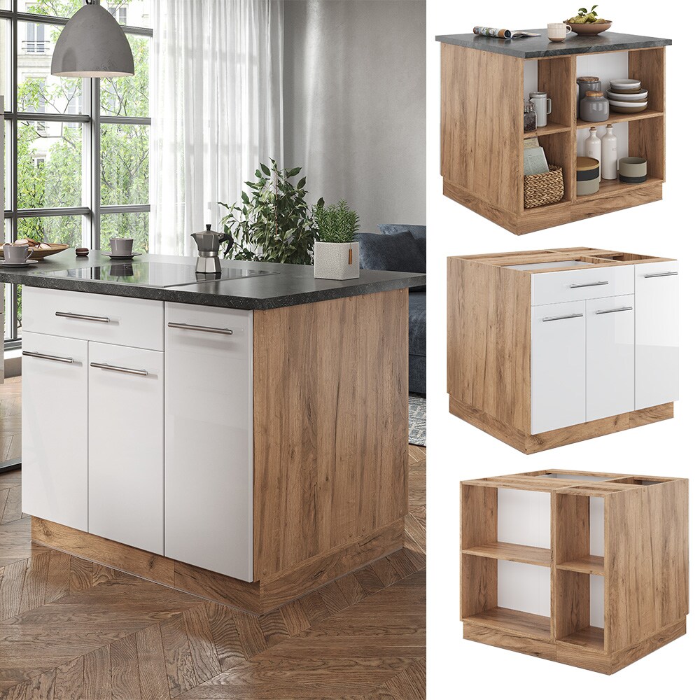 Vicco K&uuml;cheninsel K&uuml;chenblock Einbauk&uuml;che Fame-Line Eiche Wei&szlig; 90 cm modern Hochglanz K&uuml;chen Schr&auml;nke Apothekerunterschrank Schubunterschrank Regalinselunterschrank Softclose-Scharnier K&uuml;chenm&ouml;bel - Bild 1