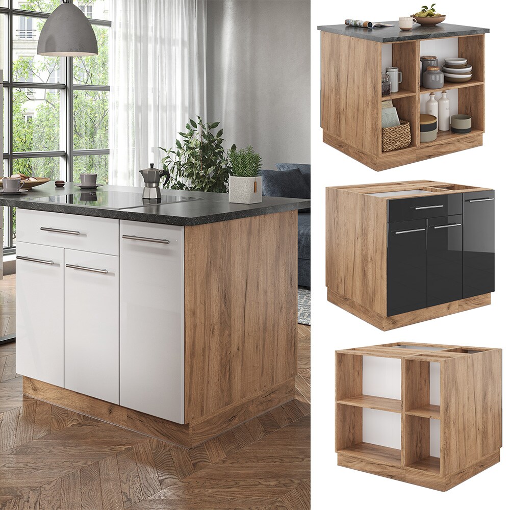 Vicco Kücheninsel Küchenblock Einbauküche Fame-Line Eiche Anthrazit 90 cm modern Hochglanz Küchen Schränke Apothekerunterschrank Schubunterschrank Regalinselunterschrank Softclose-Scharnier Küchenmöbel