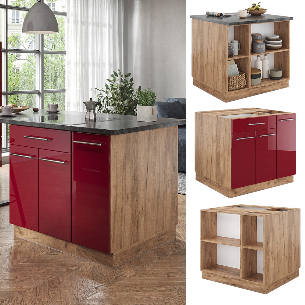 Vicco Kücheninsel Küchenblock Einbauküche Fame-Line Eiche Bordeaux Rot 90 cm modern Hochglanz Küchen Schränke Apothekerunterschrank Schubunterschrank Regalinselunterschrank Softclose-Scharnier Küchenmöbel