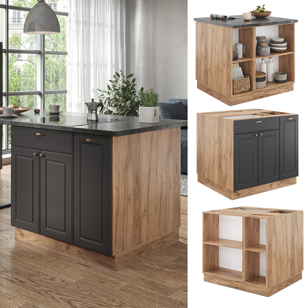 Vicco Kücheninsel Küchenblock Einbauküche Fame-Line Landhaus Eiche Anthrazit 90 cm Gold Küchen Schränke Apothekerunterschrank Schubunterschrank Regalinselunterschrank Softclose-Scharnier Küchenmöbel