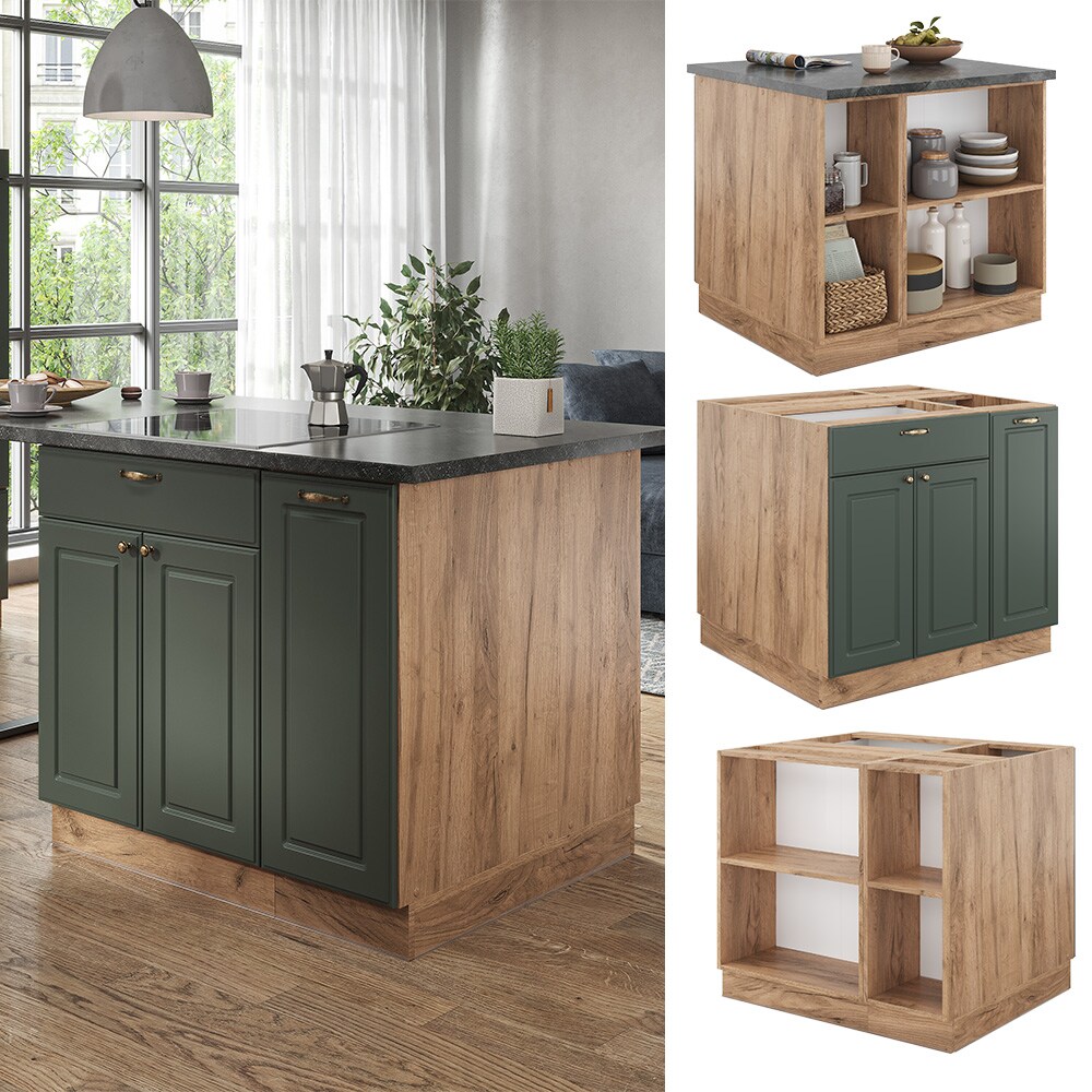 Vicco Kücheninsel Küchenblock Einbauküche Fame-Line Landhaus Eiche Grün 90 cm Gold Küchen Schränke Apothekerunterschrank Schubunterschrank Regalinselunterschrank Softclose-Scharnier Küchenmöbel