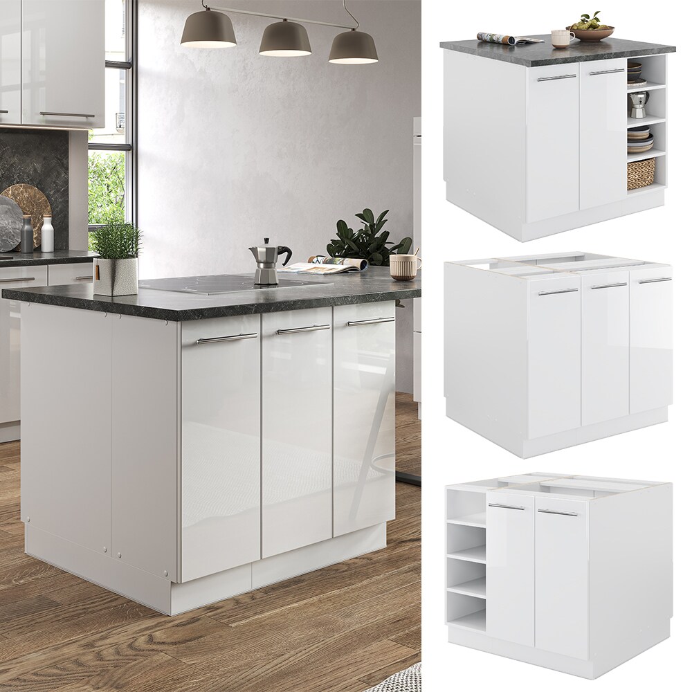 Vicco Kücheninsel Küchenblock Einbauküche Fame-Line Weiß 90 cm modern Hochglanz Küchen Schränke Regalunterschrank Küchenunterschrank Regalinselunterschrank Softclose-Scharnier Küchenmöbel