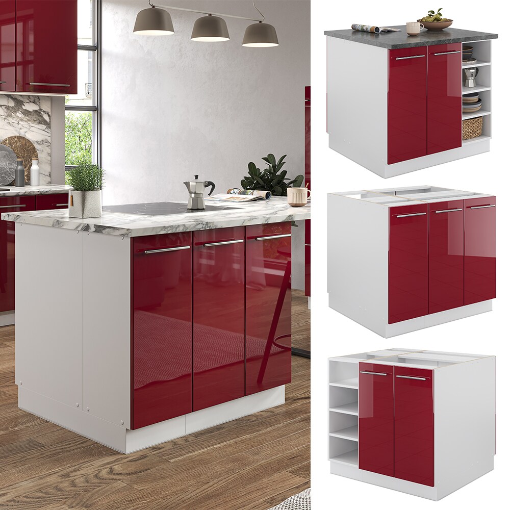 Vicco Kücheninsel Küchenblock Einbauküche Fame-Line Weiß Bordeaux-Rot 90 cm modern Hochglanz Küchen Schränke Regalunterschrank Küchenunterschrank Regalinselunterschrank Softclose-Scharnier Küchenmöbel