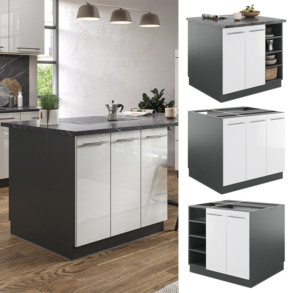 Vicco Kücheninsel Küchenblock Einbauküche Fame-Line Anthrazit Weiß 90 cm modern Hochglanz Küchen Schränke Regalunterschrank Küchenunterschrank Regalinselunterschrank Softclose-Scharnier Küchenmöbel