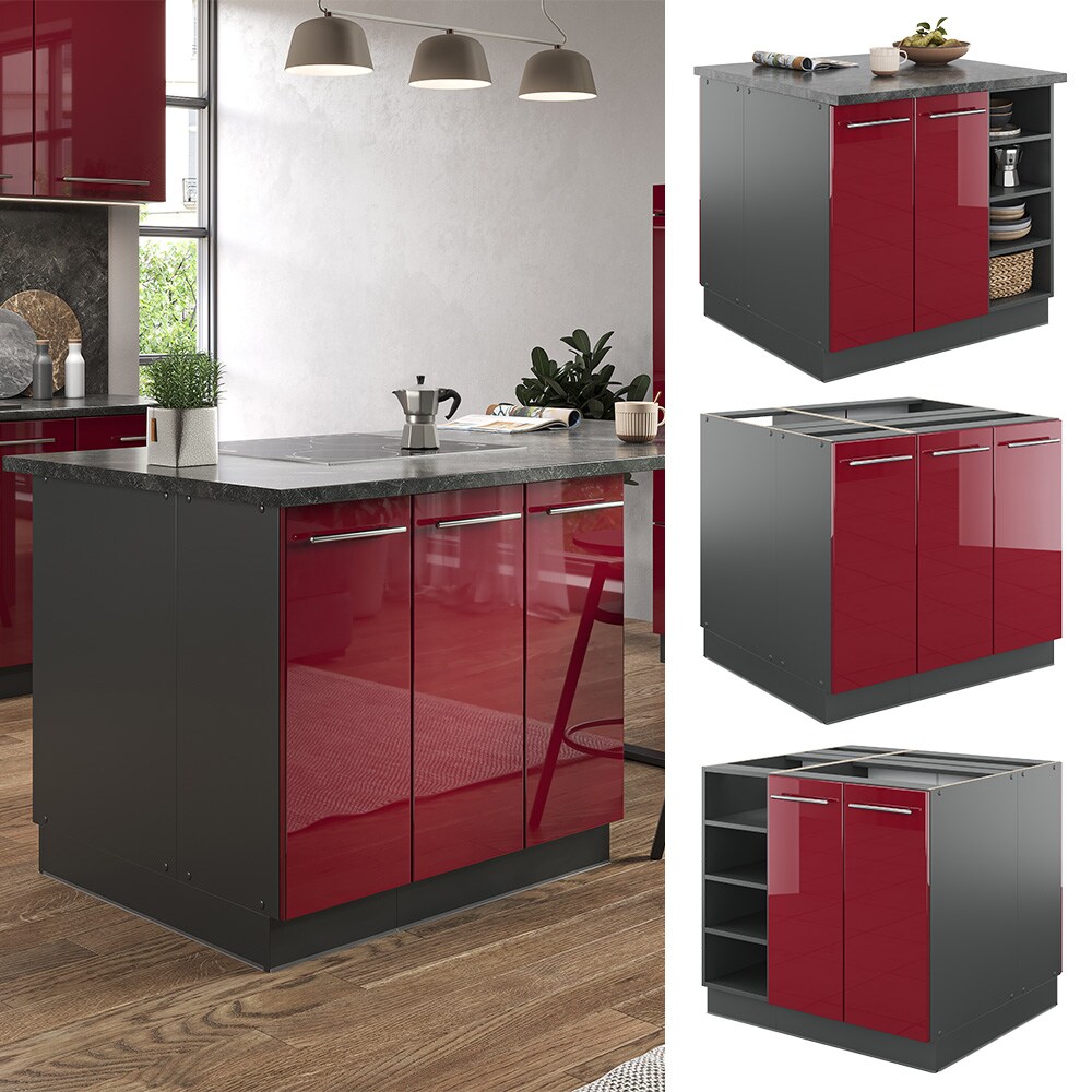 Vicco Kücheninsel Küchenblock Einbauküche Fame-Line Anthrazit Bordeaux Rot 90 cm modern Hochglanz Küchen Schränke Regalunterschrank Küchenunterschrank Regalinselunterschrank Softclose-Scharnier Küchenmöbel