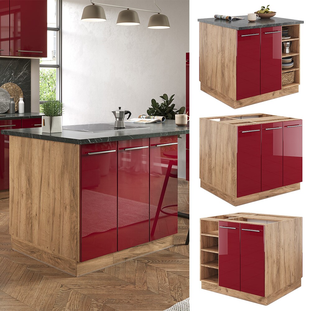 Vicco Kücheninsel Küchenblock Einbauküche Fame-Line Eiche Bordeaux Rot 90 cm modern Hochglanz Küchen Schränke Regalunterschrank Küchenunterschrank Regalinselunterschrank Softclose-Scharnier Küchenmöbel