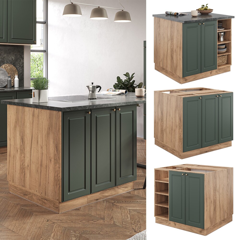 Vicco Kücheninsel Küchenblock Einbauküche Fame-Line Landhaus Eiche Grün 90 cm Gold Küchen Schränke Regalunterschrank Küchenunterschrank Regalinselunterschrank Softclose-Scharnier Küchenmöbel