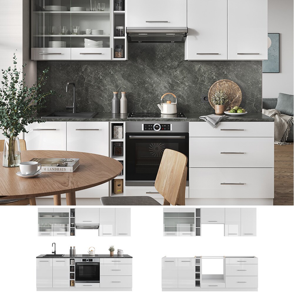 Vicco Küchenzeile Küchenblock Einbauküche Fame-Line Weiß 235 cm modern Hochglanz Küchen Schränke Hängeglasschrank Hängeschrank Schubladenunterschrank Spülenunterschrank Herdumbauschrank