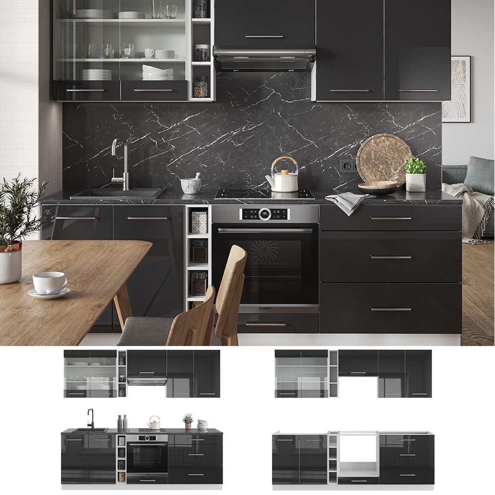 Vicco Küchenzeile Küchenblock Einbauküche Fame-Line Weiß Anthrazit 235 cm modern Hochglanz Küchen Schränke Hängeglasschrank Hängeschrank Schubladenunterschrank Spülenunterschrank Herdumbauschrank
