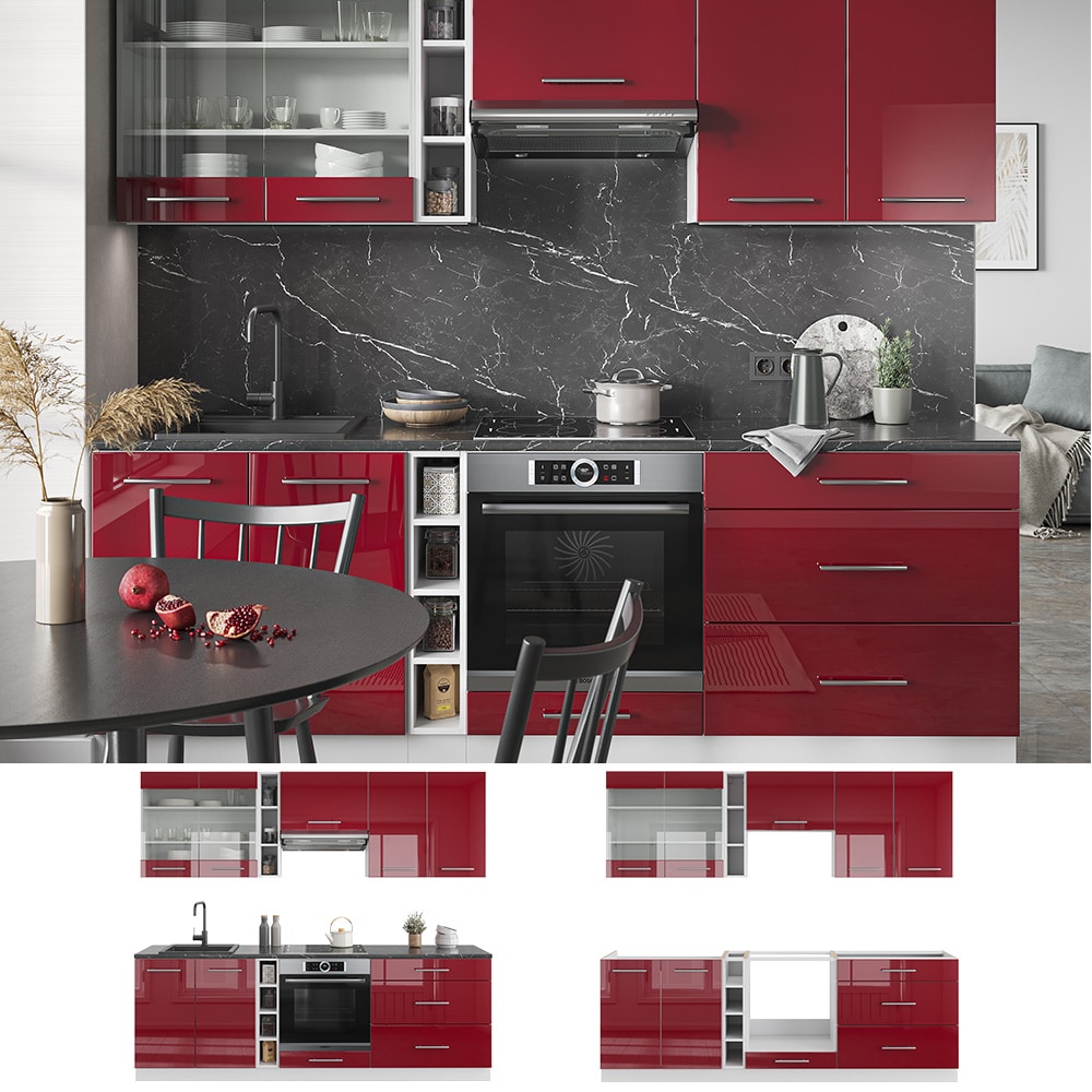 Vicco K&uuml;chenzeile K&uuml;chenblock Einbauk&uuml;che Fame-Line Wei&szlig; Bordeaux Rot 235 cm modern Hochglanz K&uuml;chen Schr&auml;nke H&auml;ngeglasschrank H&auml;ngeschrank Schubladenunterschrank Sp&uuml;lenunterschrank Herdumbauschrank - Bild 1