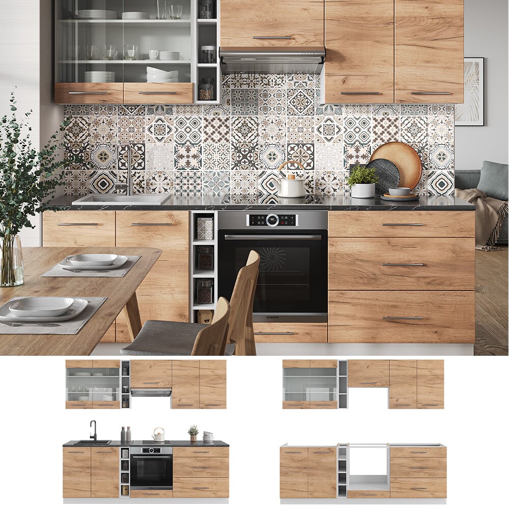 Vicco K&uuml;chenzeile K&uuml;chenblock Einbauk&uuml;che Fame-Line Wei&szlig; Eiche Goldkraft 235 cm modern K&uuml;chen Schr&auml;nke H&auml;ngeglasschrank H&auml;ngeschrank Schubladenunterschrank Sp&uuml;lenunterschrank Herdumbauschrank - Bild 1