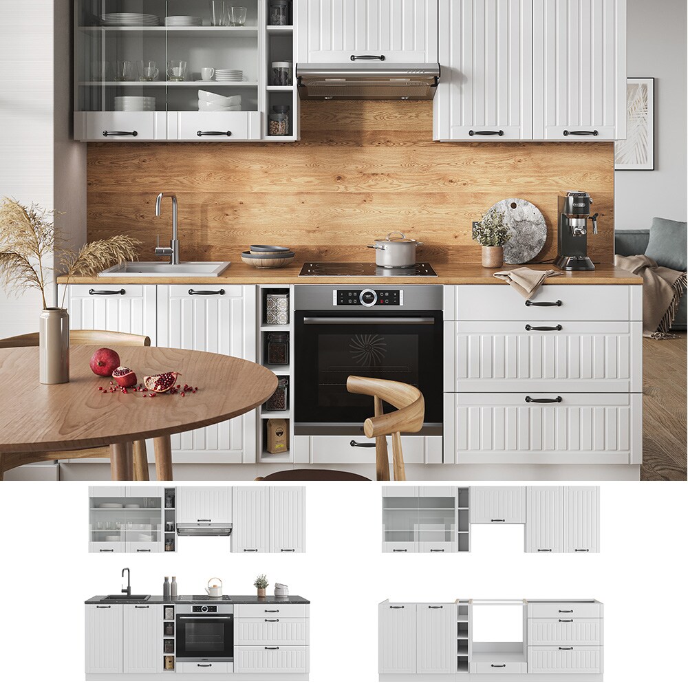Vicco Küchenzeile Küchenblock Einbauküche Fame-Line Landhaus Weiß 235 cm Küchen Schränke Hängeglasschrank Hängeschrank Schubladenunterschrank Spülenunterschrank Herdumbauschrank