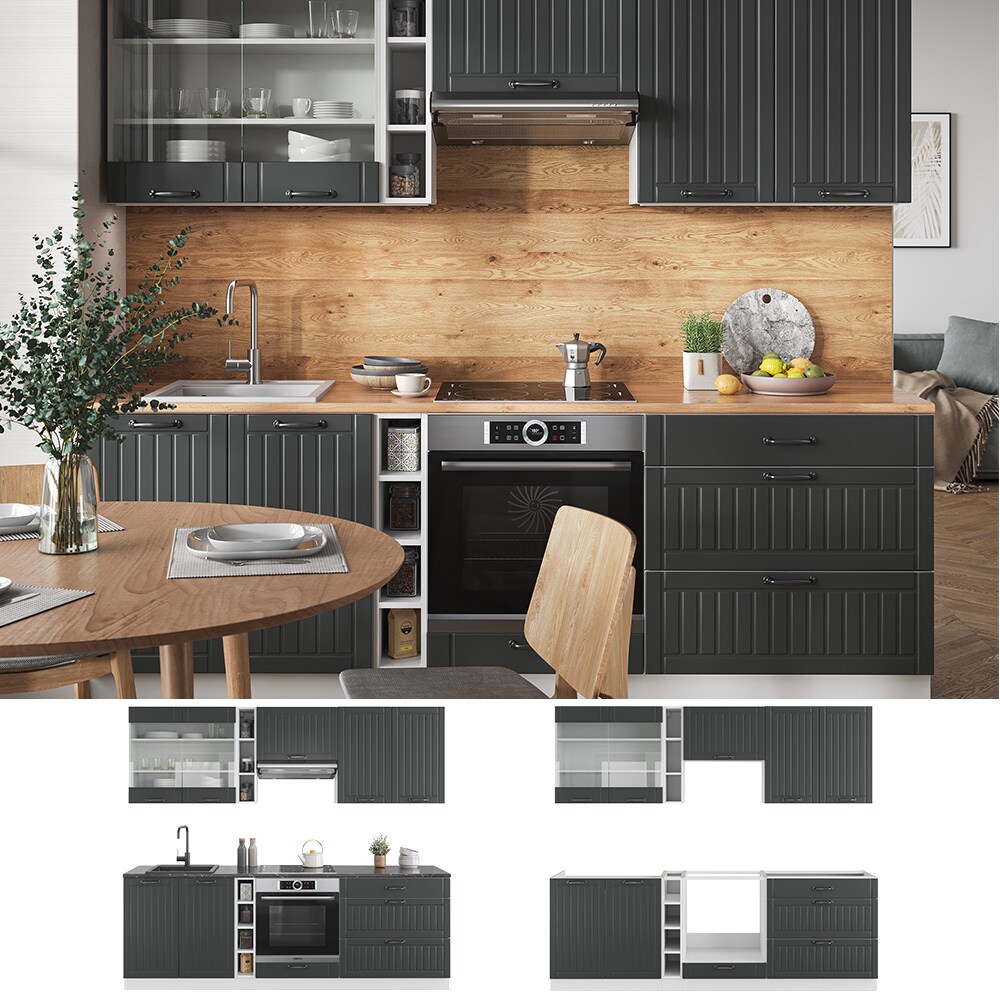 Vicco Küchenzeile Küchenblock Einbauküche Fame-Line Landhaus Weiß Dunkelgrau 235 cm Küchen Schränke Hängeglasschrank Hängeschrank Schubladenunterschrank Spülenunterschrank Herdumbauschrank | 04066731195350