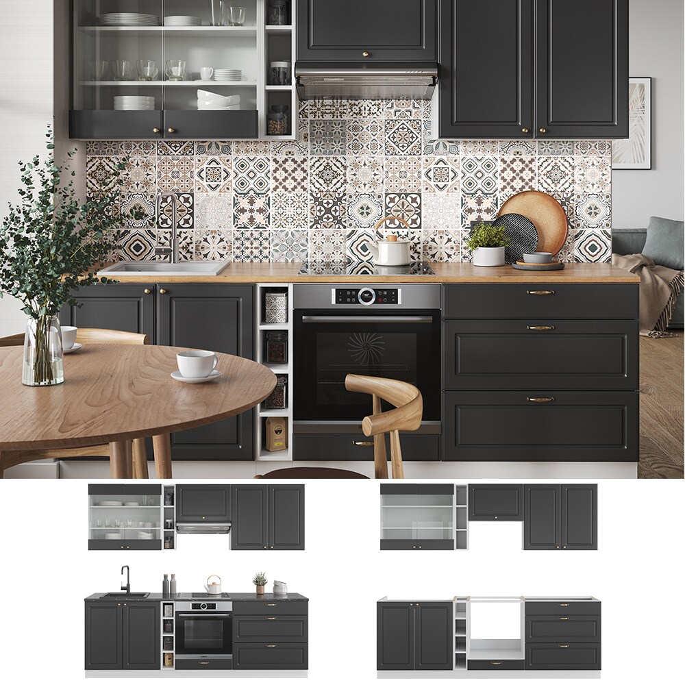 Vicco Küchenzeile Küchenblock Einbauküche Fame-Line Landhaus Weiß Anthrazit 235 cm Gold Küchen Schränke Hängeglasschrank Hängeschrank Schubladenunterschrank Spülenunterschrank Herdumbauschrank