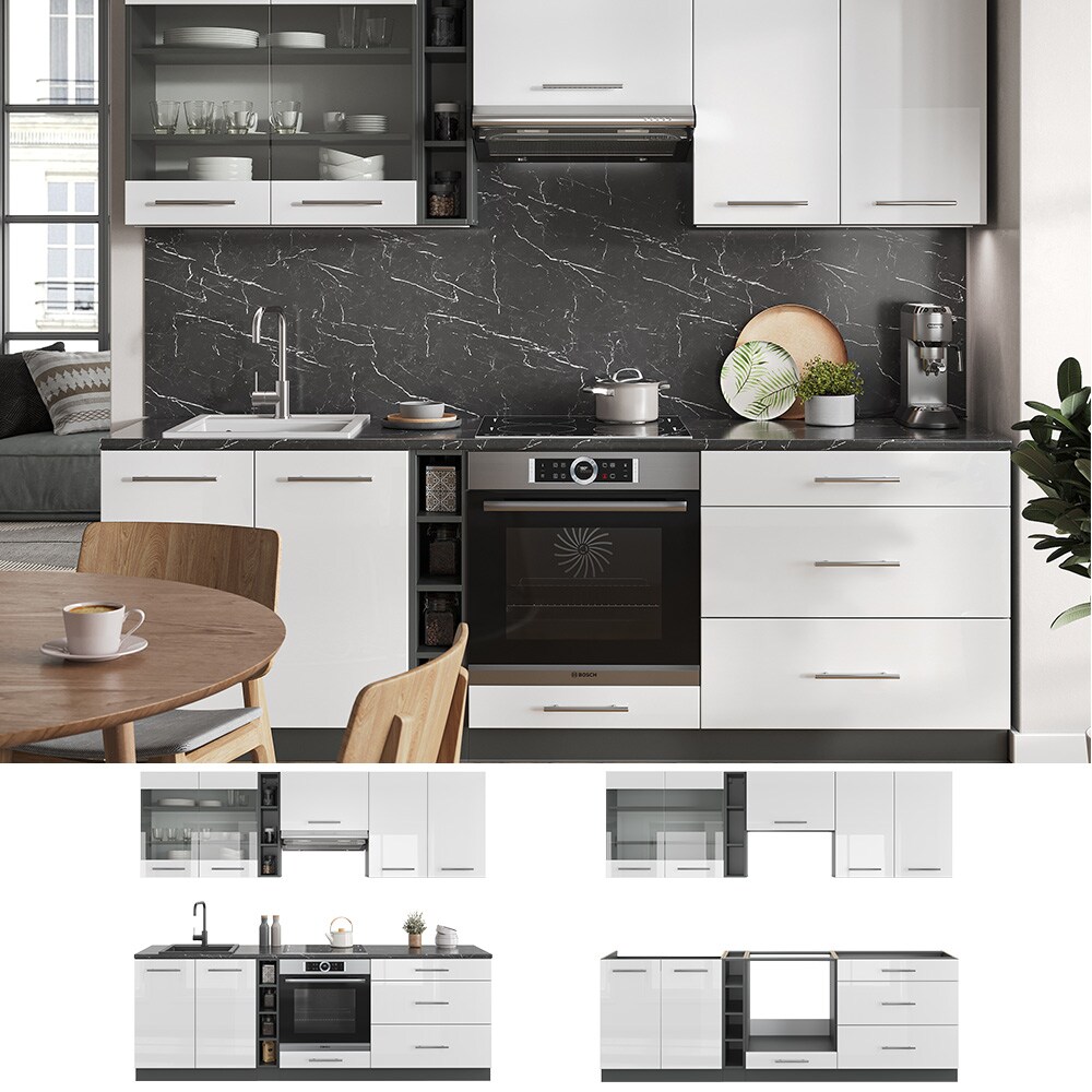 Vicco Küchenzeile Küchenblock Einbauküche Fame-Line Anthrazit Weiß 235 cm modern Hochglanz Küchen Schränke Hängeglasschrank Hängeschrank Schubladenunterschrank Spülenunterschrank Herdumbauschrank