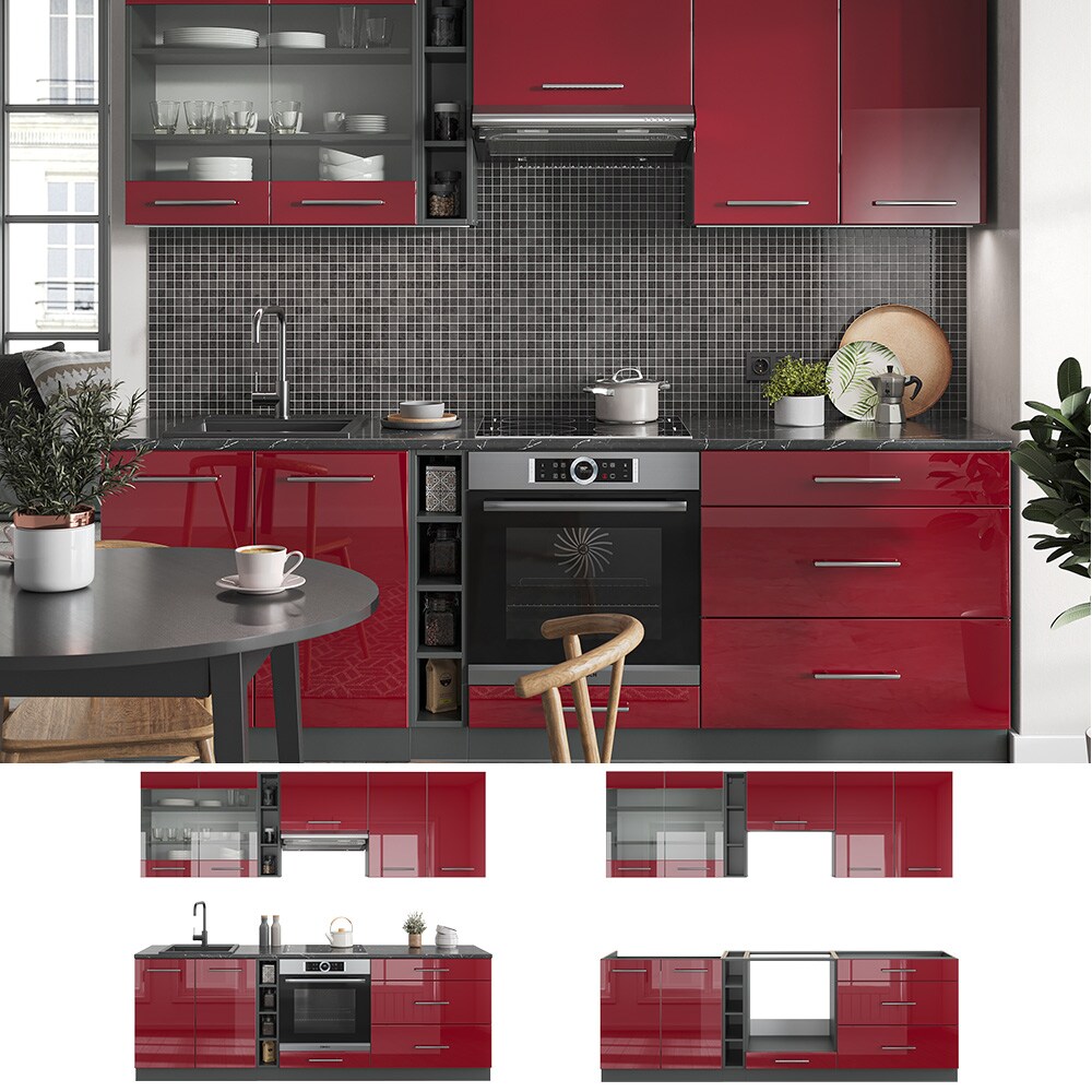 Vicco Küchenzeile Küchenblock Einbauküche Fame-Line Anthrazit Rot 235 cm modern Hochglanz Küchen Schränke Hängeglasschrank Hängeschrank Schubladenunterschrank Spülenunterschrank Herdumbauschrank