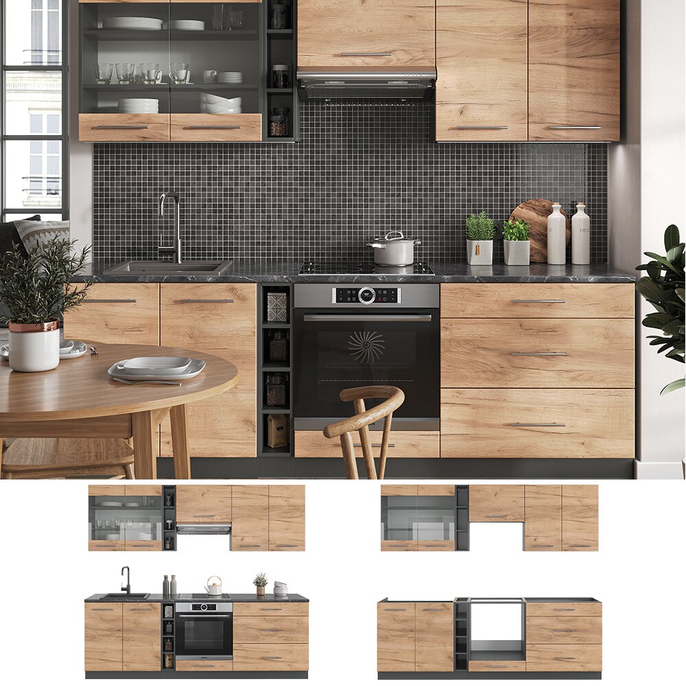 Vicco Küchenzeile Küchenblock Einbauküche Fame-Line Anthrazit Eiche Goldkraft 235 cm modern Küchen Schränke Hängeglasschrank Hängeschrank Schubladenunterschrank Spülenunterschrank Herdumbauschrank