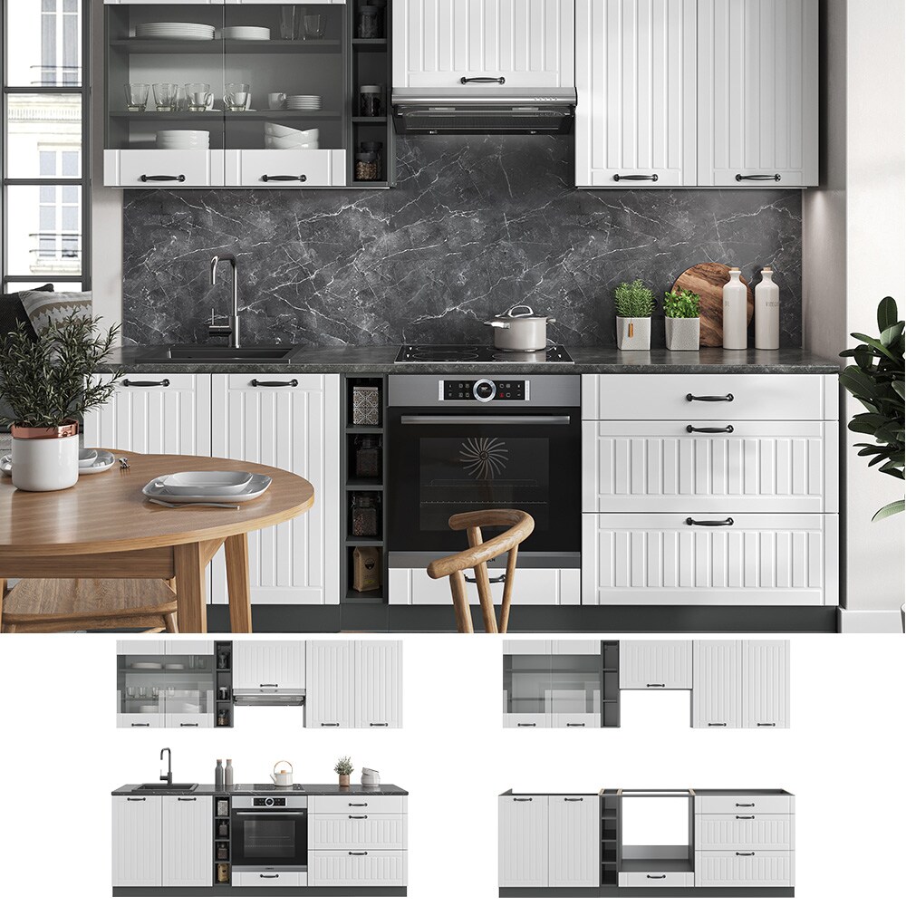 Vicco Küchenzeile Küchenblock Einbauküche Fame-Line Landhaus Anthrazit Weiß 235 cm Küchen Schränke Hängeglasschrank Hängeschrank Schubladenunterschrank Spülenunterschrank Herdumbauschrank