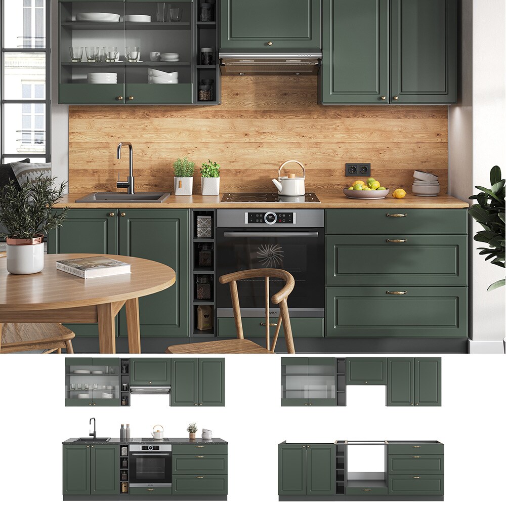 Vicco Küchenzeile Küchenblock Einbauküche Fame-Line Landhaus Anthrazit Grün 235 cm Gold Küchen Schränke Hängeglasschrank Hängeschrank Schubladenunterschrank Spülenunterschrank Herdumbauschrank