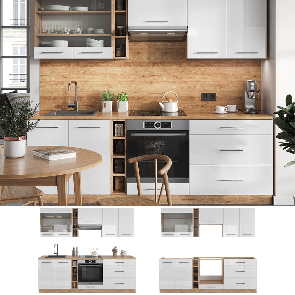 Vicco Küchenzeile Küchenblock Einbauküche Fame-Line Eiche Weiß 235 cm modern Hochglanz Küchen Schränke Hängeglasschrank Hängeschrank Schubladenunterschrank Spülenunterschrank Herdumbauschrank