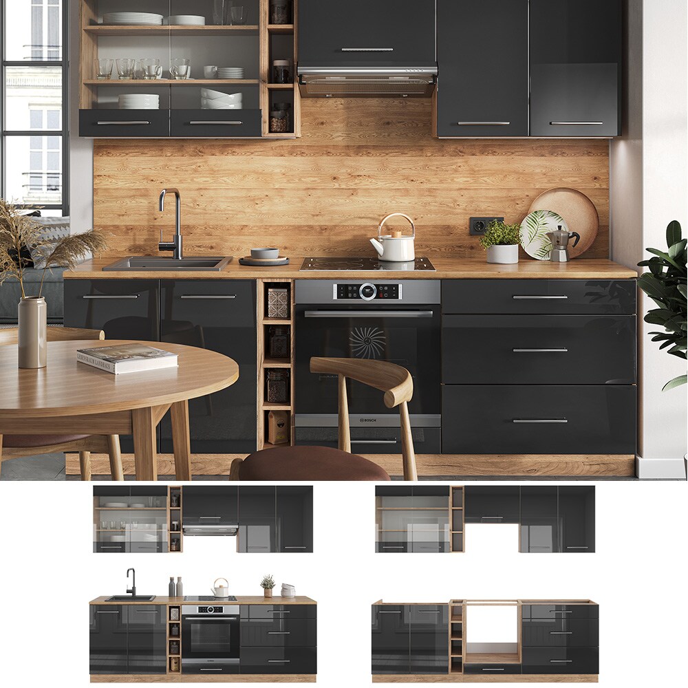 Vicco K&uuml;chenzeile K&uuml;chenblock Einbauk&uuml;che Fame-Line Eiche Anthrazit 235 cm modern Hochglanz K&uuml;chen Schr&auml;nke H&auml;ngeglasschrank H&auml;ngeschrank Schubladenunterschrank Sp&uuml;lenunterschrank Herdumbauschrank - Bild 1