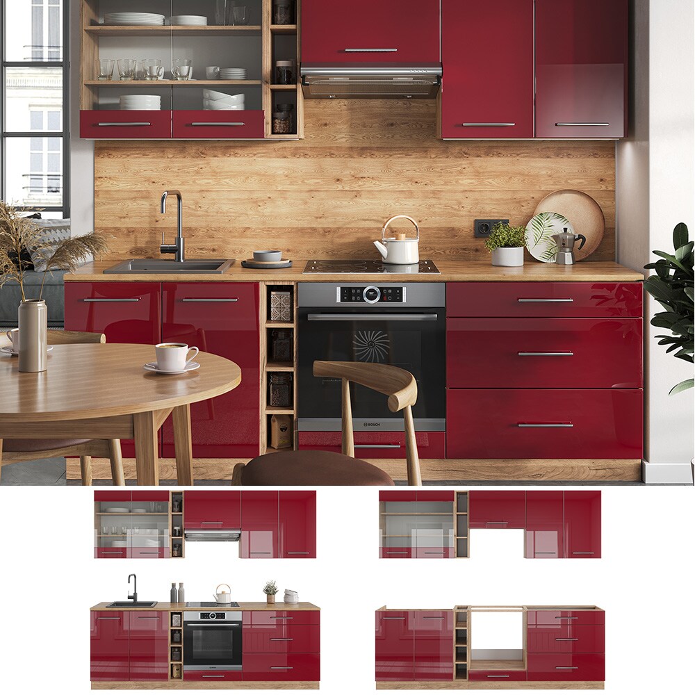 Vicco Küchenzeile Küchenblock Einbauküche Fame-Line Eiche Bordeaux Rot 235 cm modern Hochglanz Küchen Schränke Hängeglasschrank Hängeschrank Schubladenunterschrank Spülenunterschrank Herdumbauschrank