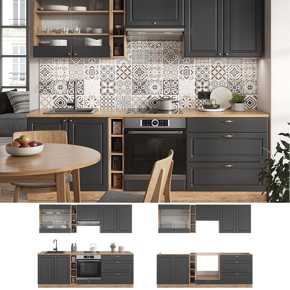 Vicco K&uuml;chenzeile K&uuml;chenblock Einbauk&uuml;che Fame-Line Landhaus Eiche Anthrazit 235 cm Gold K&uuml;chen Schr&auml;nke H&auml;ngeglasschrank H&auml;ngeschrank Schubladenunterschrank Sp&uuml;lenunterschrank Herdumbauschrank - Bild 1