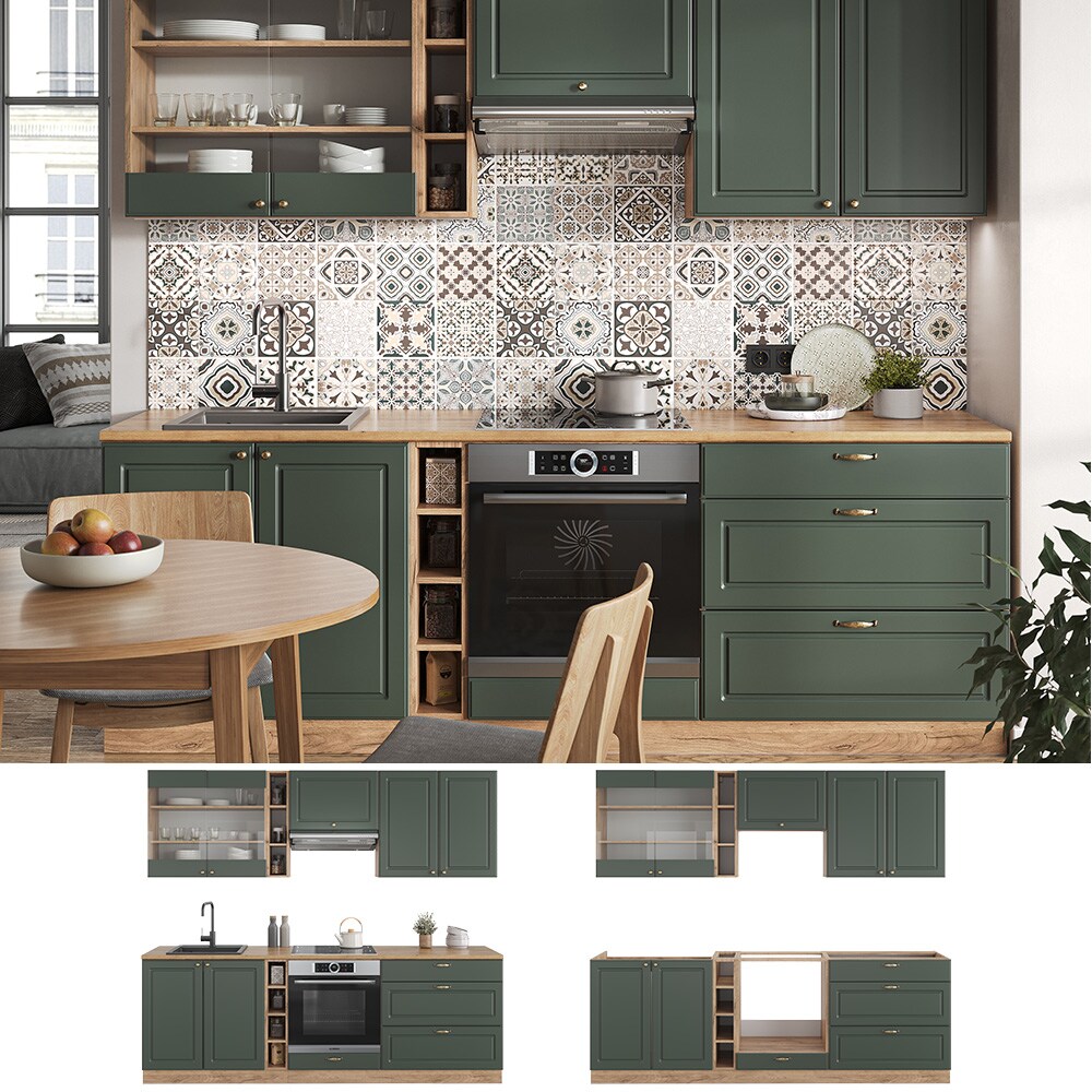 Vicco Küchenzeile Küchenblock Einbauküche Fame-Line Landhaus Eiche Grün 235 cm Gold Küchen Schränke Hängeglasschrank Hängeschrank Schubladenunterschrank Spülenunterschrank Herdumbauschrank
