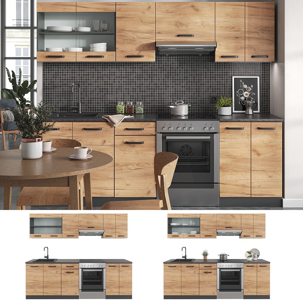 Vicco Küchenzeile Küchenblock Einbauküche Raul Anthrazit Eiche 240 cm modern Küchen Schränke Spülenunterschrank Unterschrank Hängeschrank Arbeitsplatte Küchenmöbel | 04066731227075