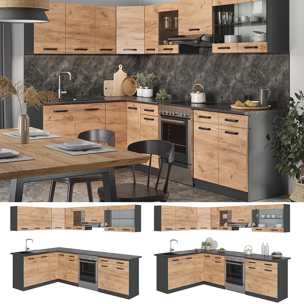 Vicco Eckk&uuml;che K&uuml;chenblock Einbauk&uuml;che Rick Anthrazit Eiche 270 cm modern K&uuml;chen Schr&auml;nke Sp&uuml;lenunterschrank Eck-Unterschrank Eck-H&auml;ngeschrank Arbeitsplatte K&uuml;chenm&ouml;bel K&uuml;chenzeile L-K&uuml;che - Bild 1