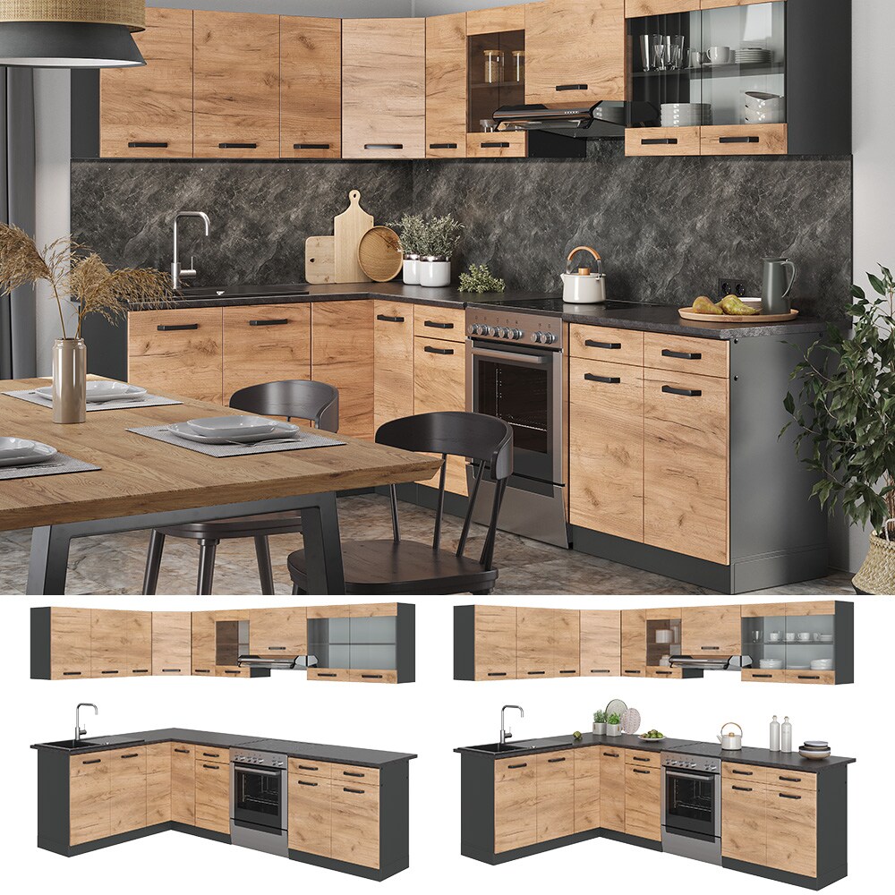 Vicco Eckküche Küchenblock Einbauküche Rick Anthrazit Eiche 270 cm modern Küchen Schränke Spülenunterschrank Eck-Unterschrank Eck-Hängeschrank Arbeitsplatte Küchenmöbel Küchenzeile L-Küche | 04066731227099