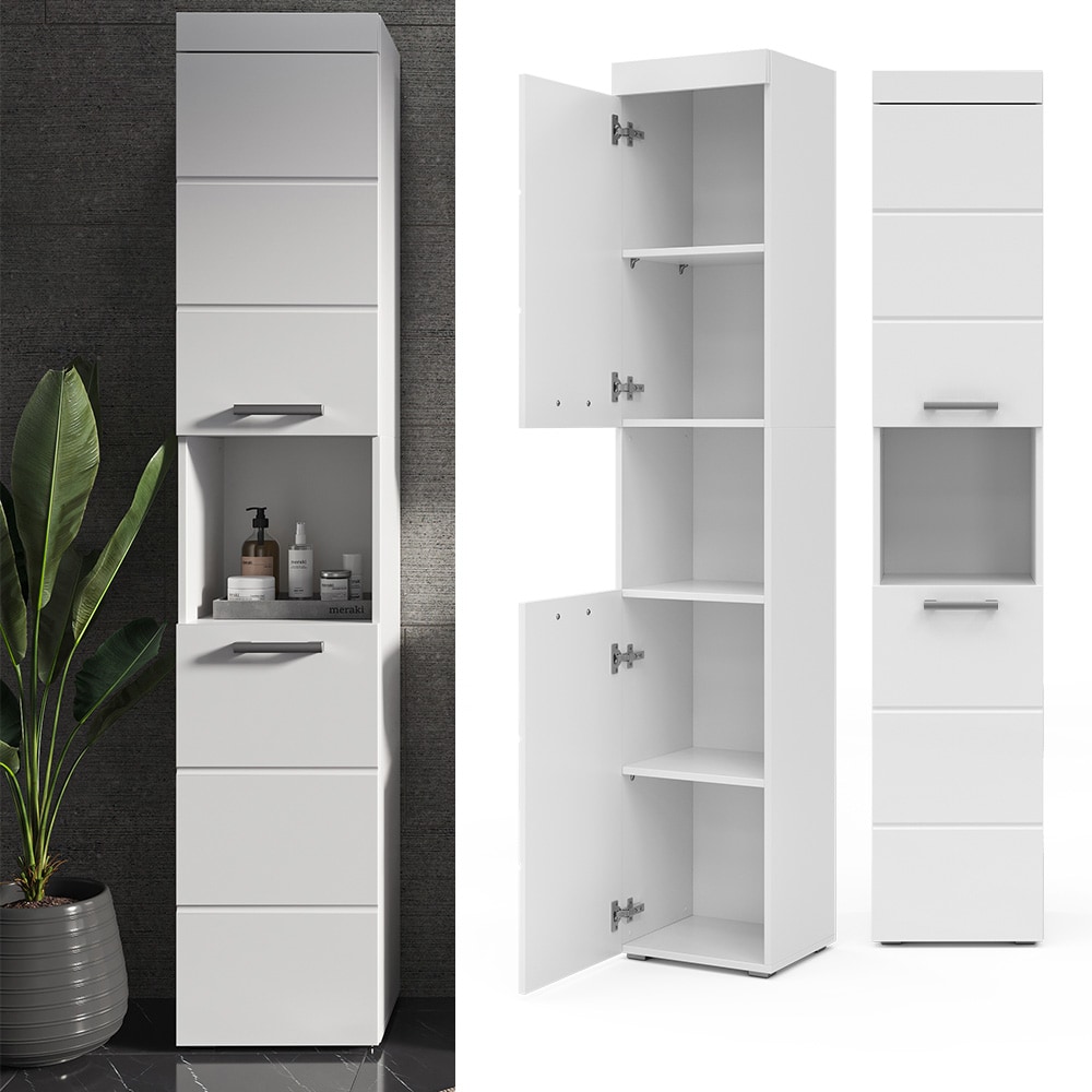 Vicco Hochschrank Badschrank Badezimmerm&ouml;bel Luna Wei&szlig; Skandi 37x190 cm Badezimmer Schrank Badm&ouml;bel Schrankt&uuml;r Schrankfach Ablage Aufbewahrung - Bild 1