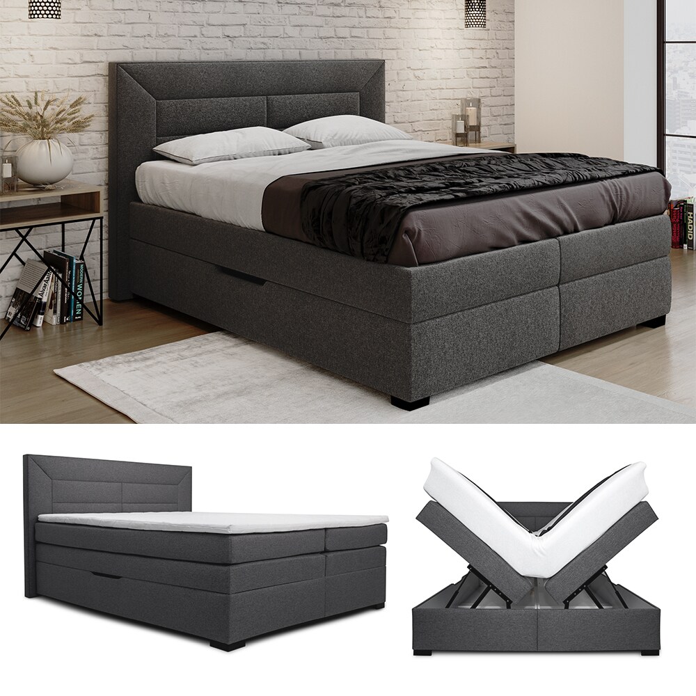 VitaliSpa Boxspringbett Doppelbett Ehebett Anthrazit modern 180x200 cm Schlafzimmer Bett Taschenfederkern PU-Komfortschaum Matratze Topper Bettkasten M&ouml;belstoff Aufbewahrung - Bild 1