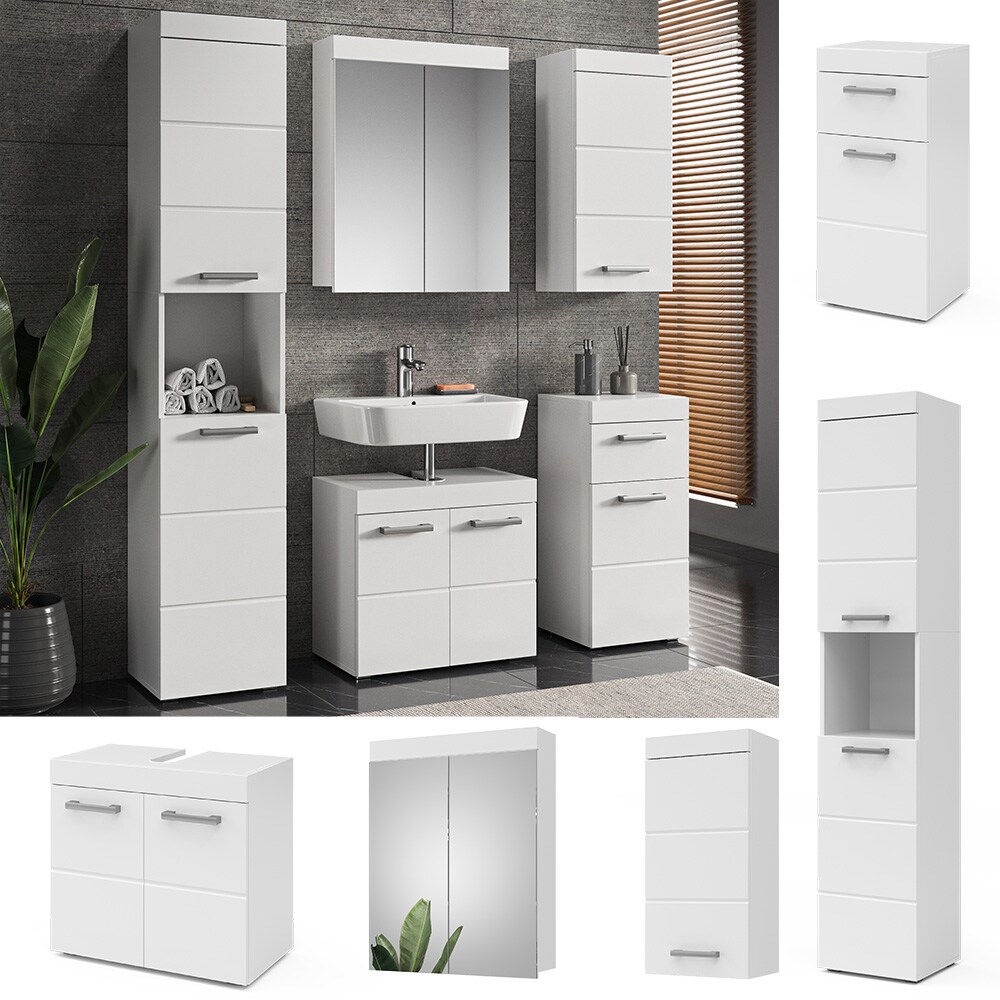 Vicco Badm&ouml;belset Luna Wei&szlig; Skandi Badezimmerschrank Badschrank Waschtischunterschrank Spiegelschrank Midischrank Hochschrank H&auml;ngeschrank Schrankt&uuml;r Schrankfach Schrankschublade Ablage Aufbewahrung - Bild 1