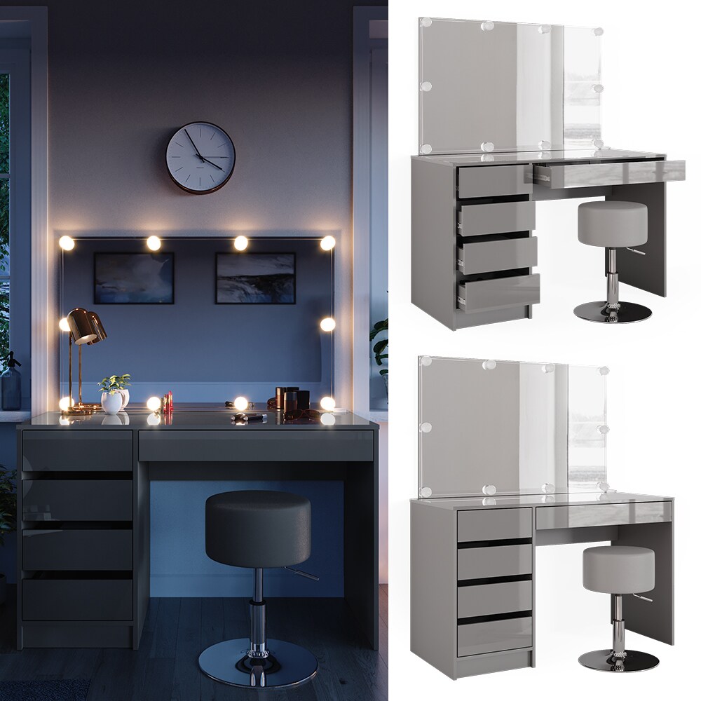Vicco Schminktisch Frisiertisch Frisierkommode Sherry Grau Schminkspiegel LED Hocker 120x75 cm modern Schlafzimmer Kommode Schublade Ablage Aufbewahrung Kosmetiktisch Make-Up-Tisch Hochglanz - Bild 1