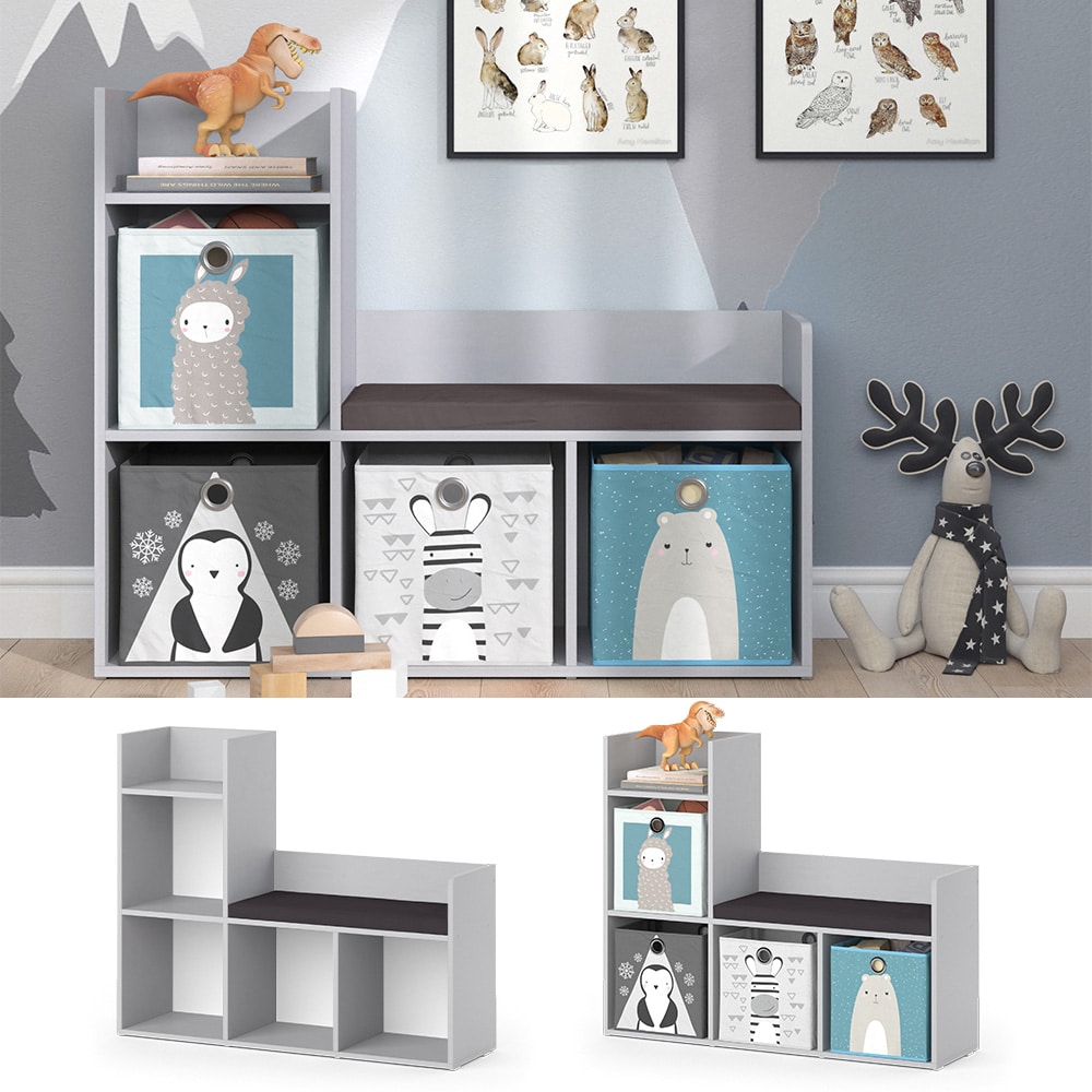 Vicco Bank-Regal B&uuml;cherregal Kinderregal Luigi Hellgrau 107x89 cm modern Sitzbank Kinderzimmer Regal Wandregal Spielzeugregal Dekoregal Standregal Aufbewahrung W&uuml;rfelregal Regal-Bank-Kombi - Bild 1