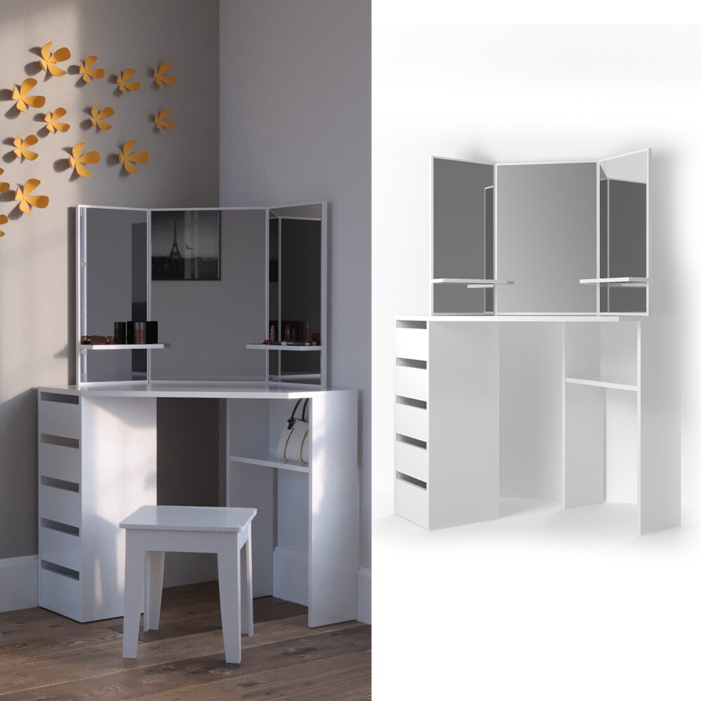 Vicco Eckschminktisch Frisiertisch Schminkkommode Arielle Weiß Spiegel 110×145 cm modern Schlafzimmer Kommode Schublade Ablage Aufbewahrung Kosmetiktisch Schminkkonsole Make-Up-Tisch | 04066731220786