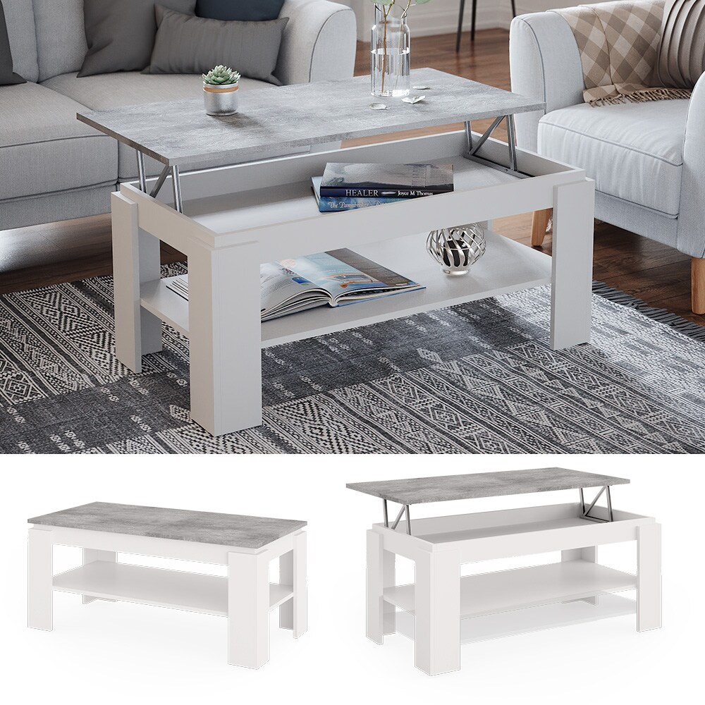 Vicco Couchtisch Sofatisch Esstisch Nikola Wei&szlig; Beton 100x54cm modern Wohnzimmer Tisch Ablage Fach Kaffeetisch Arbeitstisch Beistelltisch Stubentisch Lift-Funktion Tischplatte ausklappbar Ablagefach - Bild 1