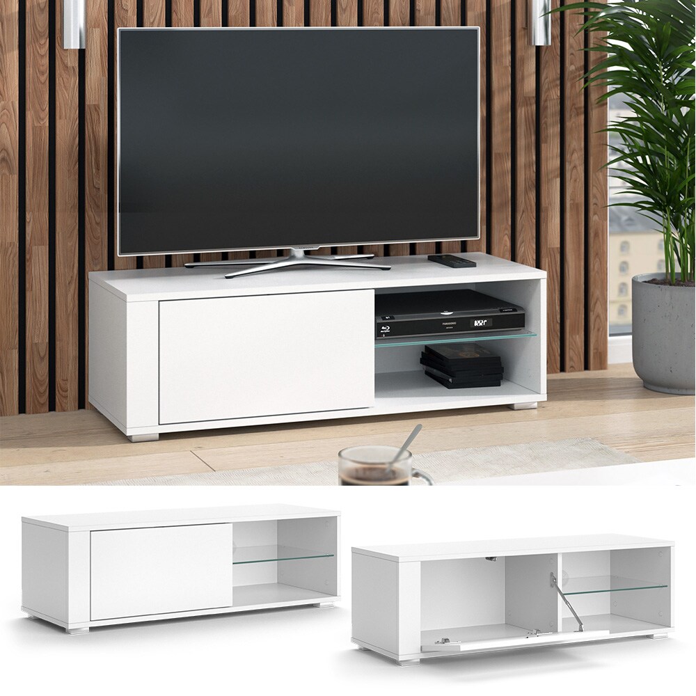 Vicco Lowboard TV-Regal Fernsehregal Boris Wei&szlig; 100x32 cm modern Push-to-open Wohnzimmer Regal TV-Tisch Fernsehtisch Wohnzimmertisch Ablage Fach Klappt&uuml;r Schrankt&uuml;r Schrankfach Fernseher Glas - Bild 1