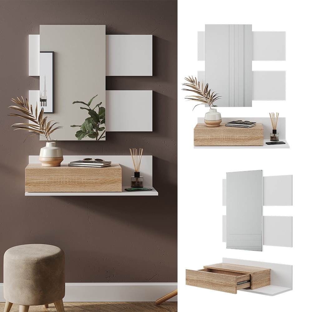 Vicco Flurschrank Flurspiegelschrank Garderobe Phil Wei&szlig; Sonoma 75x95 cm modern Dielen Schrank Organizer Aufbewahrung Spiegel Ablage Schubladenfach - Bild 1