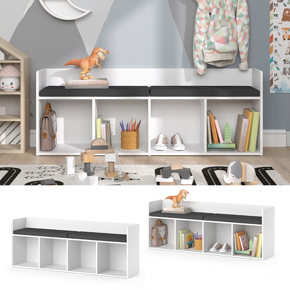 Vicco Sitzbank Kinderzimmerbank Kinderregal Luigi Weiß 142x53 cm modern Kinderzimmer Regal Aufbewahrungsregal Bücherregal Lesebank Spielzeugaufbewahrung Organizer Regal-Bank-Kombi 4 Fächer